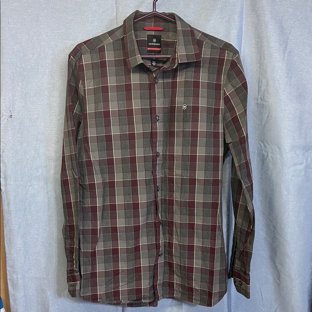 Victorinox Men's Burgundy and Olive Plaid casual button down Shirt